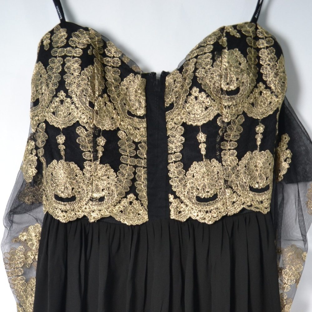 Strapless Embroidered Dress with Sheer Sleeves